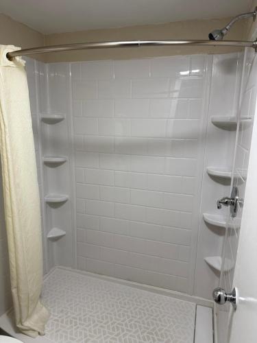 a bathroom with a shower with a shower curtain at Studios 4 Less Chesapeake in Chesapeake