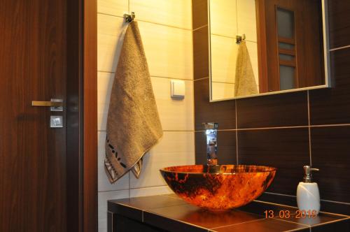 a bathroom with a bowl sink on a counter at Apartament Morska Ostoja in Krynica Morska