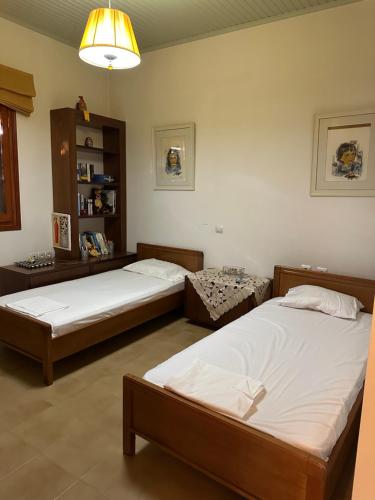 a bedroom with two beds and a book shelf at Fokiotrypa Seaside Retreat in Marathias