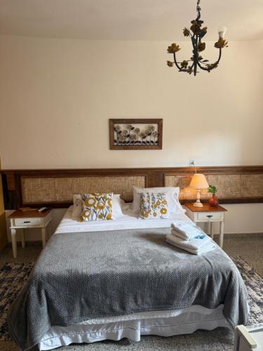 a bedroom with a large bed and a chandelier at Pousada Vó Iris - Tiradentes Mg in Tiradentes