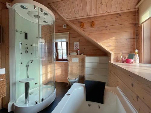 a bathroom with a tub and a shower and a toilet at Forest Villa, Rural Twente in Den Ham