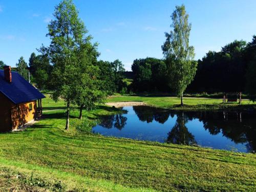 a house in a field next to a pond at Mana Village - Jacuzzi & Sauna in Barłomino