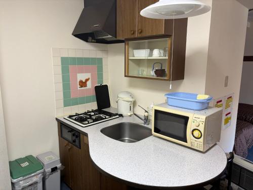 a small kitchen with a sink and a microwave at フューデイズコンドミニアム定山渓102号室 in Jozankei