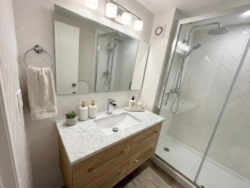 a bathroom with a sink and a shower at Las Condes familiar Deluxe in Santiago