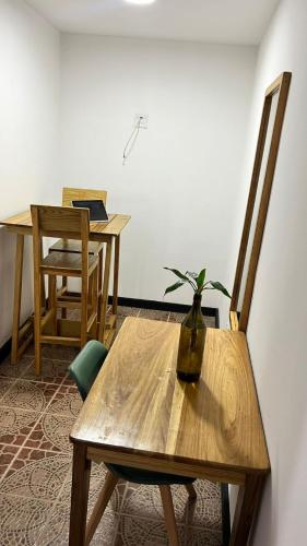a wooden table with a vase with a plant on it at Oasis Town in Carenero