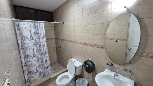 a bathroom with a toilet and a sink and a mirror at Hotel la Ermita in Las Victorias