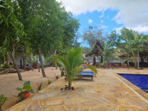 a resort with a bench and trees and a pool at Karibu Maisha Lodge in Kizimkazi