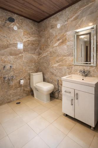a bathroom with a toilet and a sink at Aura Montane luxury cottages in Manāli