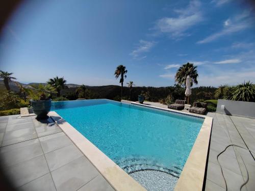 a swimming pool in a yard with palm trees at Nice Villa in Budens with pool in Budens