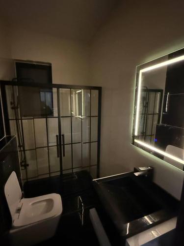 a bathroom with a toilet and a sink and a mirror at Suf Hills Cabin in Jerash