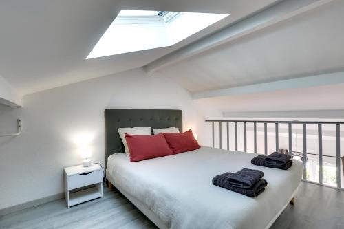 a bedroom with a bed with red pillows and a skylight at Appartement Santocha in Capbreton