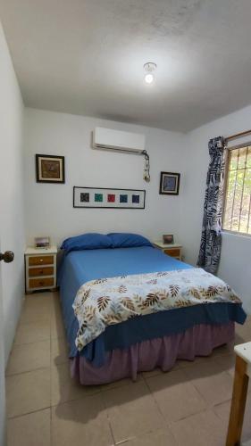 a bedroom with a bed with blue sheets and a window at La Casita Puerto Arista in Puerto Arista