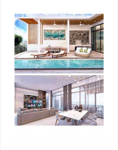 a living room and dining room of a house at Luxurious Villa with Private Indoor Pool in Bophut