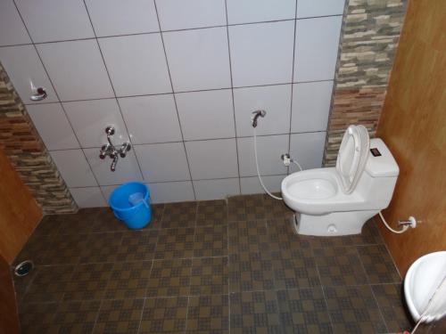 een badkamer met een toilet en een blauwe emmer bij Green Villa in Virajpet