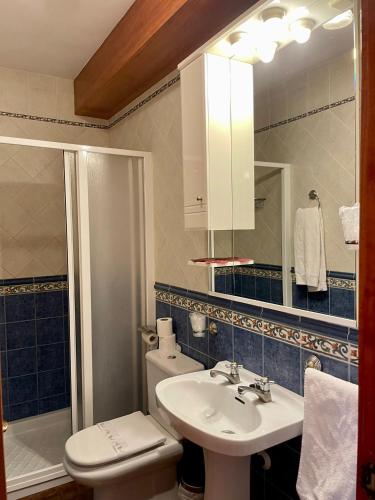 a bathroom with a sink and a toilet and a mirror at Hotel Rural Casa Ramiro in Cedrillas