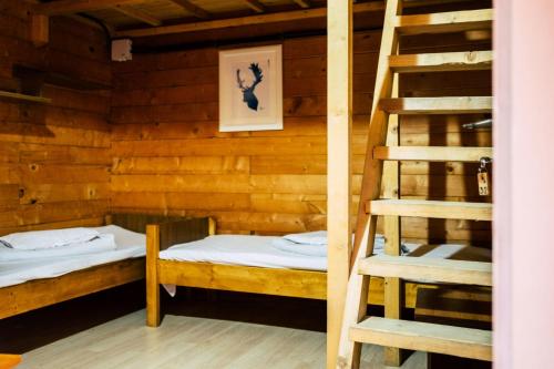 a room with two bunk beds and a ladder at Arest Vama Veche in Vama Veche