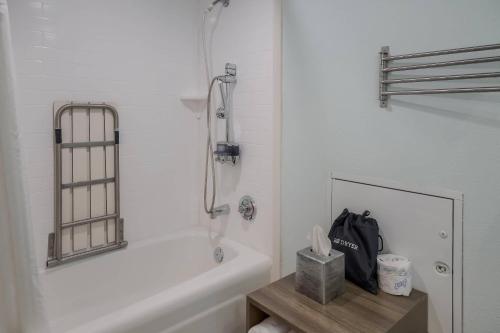 a bathroom with a bath tub and a bag on a table at Radisson Hotel Grand Rapids Riverfront in Grand Rapids