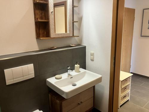 a bathroom with a white sink and a mirror at Ferienwohnung Rolofs in Bad Nenndorf