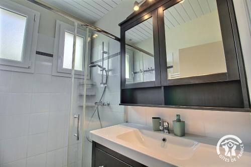 a bathroom with a sink and a mirror and a shower at Le palmier in Penvénan