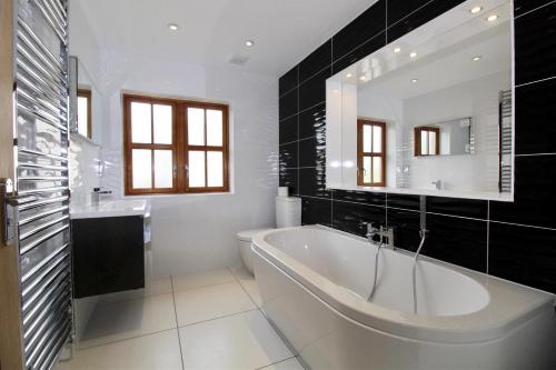 a bathroom with a tub and a sink and a mirror at Minafon in Llanbedr