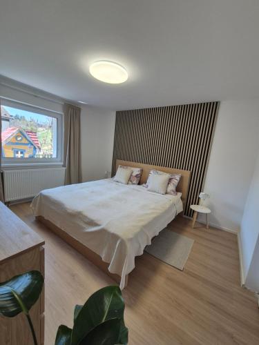 a bedroom with a large bed and a window at Green River Apartment in Stahovica