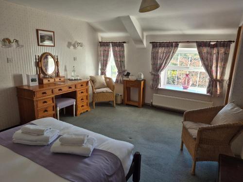 a bedroom with a bed and a desk and a mirror at Wheelgate in Torver