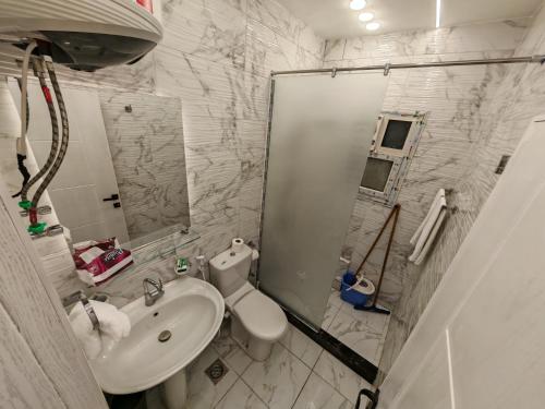 a bathroom with a sink and a toilet and a mirror at Red Sea Downtown in Hurghada