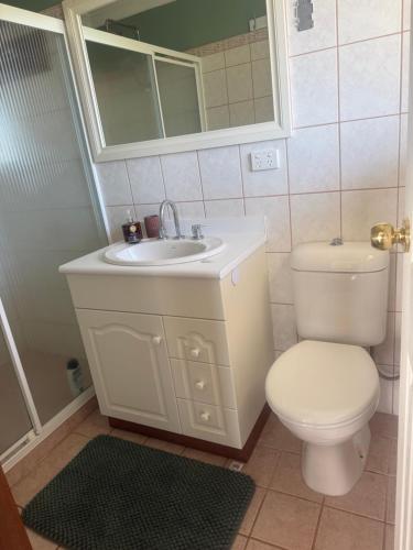 a bathroom with a toilet and a sink and a mirror at Pillais B and B in Albany