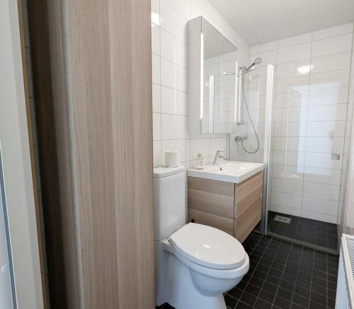 a bathroom with a white toilet and a sink at Forenom Hostel Gothenburg Säve in Gothenburg