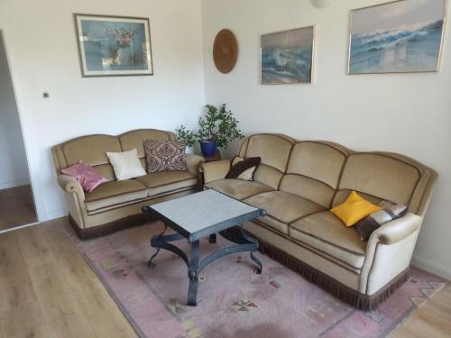 a living room with two couches and a table at Unterkunft Mau in Rotenburg an der Wümme