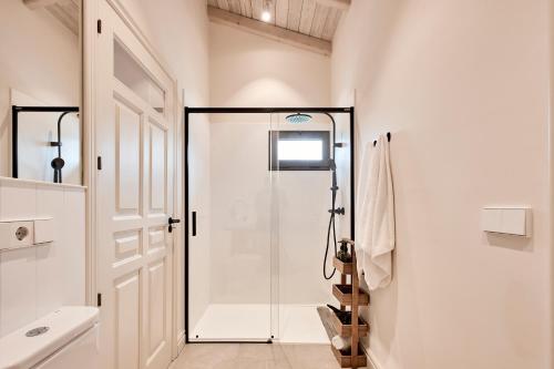 a bathroom with a shower and a glass door at Casa Das Ferreñas in Melide