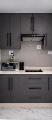 a kitchen with gray cabinets and a counter top at Miaz Palace in Elim