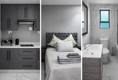 two pictures of a bathroom with a bed and a sink at Miaz Palace in Elim