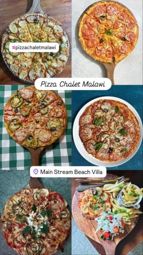 a collage of four different pizzas on a table at Main Stream Beach Villa in Senga