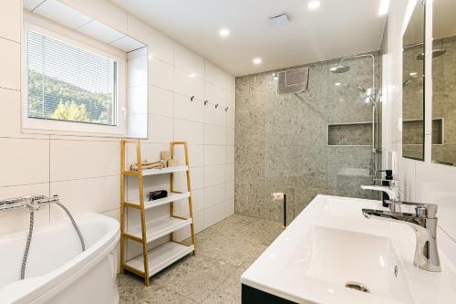 a bathroom with a sink and a tub and a shower at Apartmán Staříč in Lipova Lazne