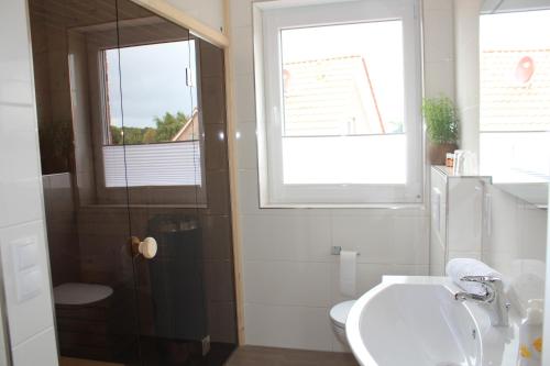 a bathroom with a toilet and a sink and a window at LandBrise in Petersfeld