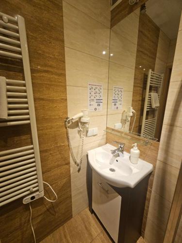 a bathroom with a sink and a mirror at Przystanek Dolina Kościeliska in Kościelisko