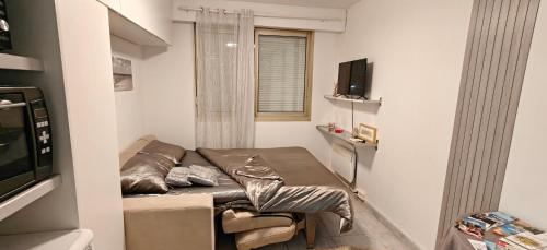 a small room with a bed and a television at Coin paradisien juillet-août min 3 nuits in Meudon