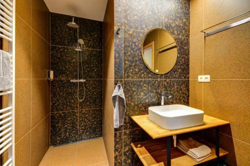 a bathroom with a sink and a shower at Apartmány U stezek in Lipova Lazne
