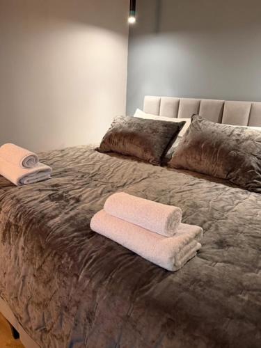 a bed with two towels on top of it at Pastorian Hotel in Maliq