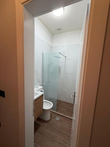 a bathroom with a toilet and a glass shower at Pastorian Hotel in Maliq