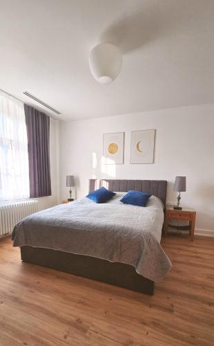 a bedroom with a large bed with blue pillows at RZĄDCÓWKA Rogi in Lubniewice