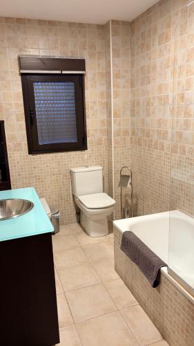 a bathroom with a tub and a toilet and a sink at El Rincon De Los Abuelos in Tudela de Duero