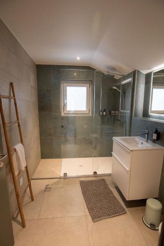 a bathroom with a shower and a sink at Résidence Bellevue - Hôtel et Studios in Charmey