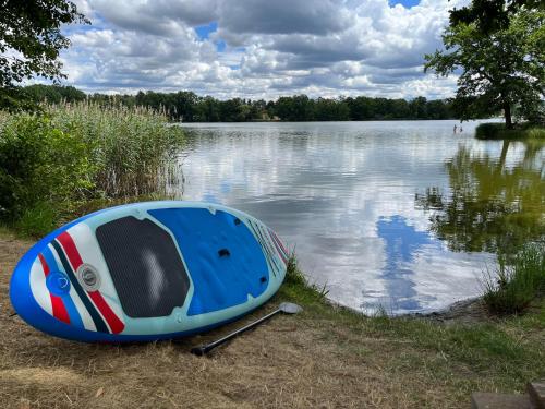 a blue boat sitting on the shore of a lake at Kemp Březák- Chlum u Třeboně in Golčŭv Jeníkov