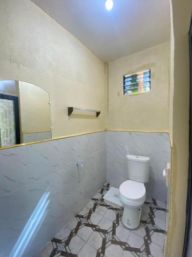a bathroom with a toilet and a mirror at Villa Nicolasa in Siquijor