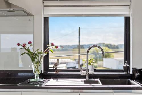 a kitchen sink with a vase of flowers and a window at Washington Beach House with Lodge in Heacham