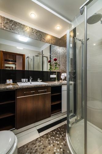 a bathroom with a shower and a toilet and a sink at Aparthotel Vanilla in Krakow
