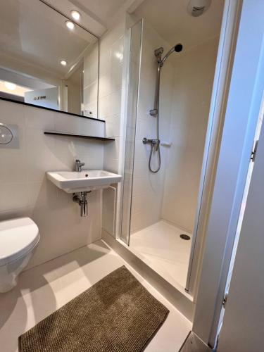 a bathroom with a shower and a toilet and a sink at EMSLAND-CAMP in Haar