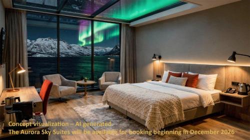 a bedroom with a bed and a window with the aurora sky visible at Arctic Panorama Lodge in Uløybukta